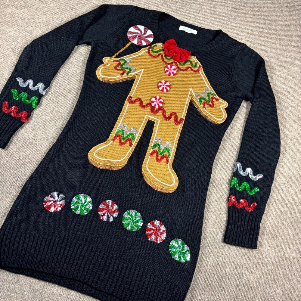 Francesca's Sweater Dress Womens Small Black Gingerbread Cookie Ugly Christmas
